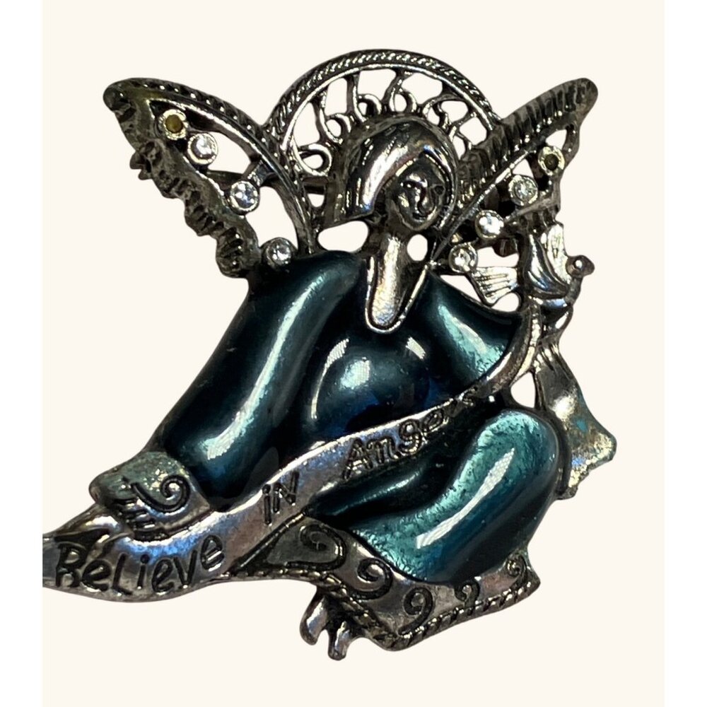 Angel Brooch Pin With Rhinestones Believe In Angels Text